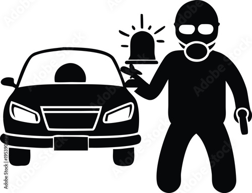Silhouette of a robber stealing from a car with alarm