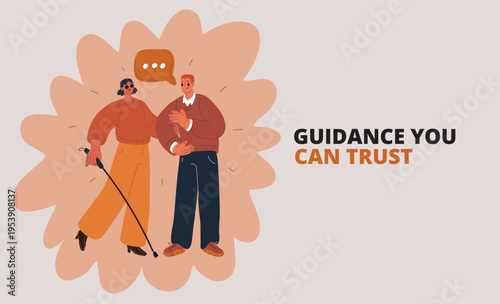 Vector illustration of man holding hand of blind woman with glasses and cane, concept of support, guidance and trust