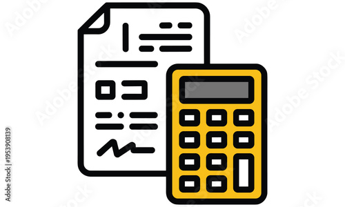 Simple vector graphic illustration of a calculator and a document representing financial calculations or accounting.