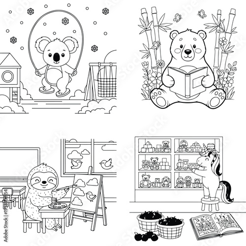 Koala jumping rope, bear reading, sloth at desk, horse in store vector art, line art