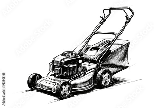 Detailed sketch of a gasoline-powered lawn mower with a grass catcher bag