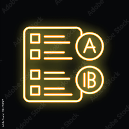 Neon yellow icon of a checklist with ab testing bubbles glowing on a black background