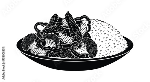 A black and white illustration of a plate containing stir fry and a heap of rice