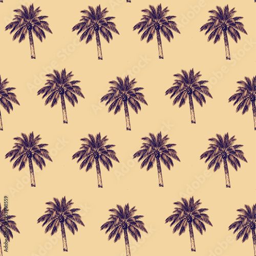 Seamless retro palm tree pattern with vintage tropical style on warm beige background, repeating botanical design ideal for classic decor, fabric prints and summer themed surfaces.