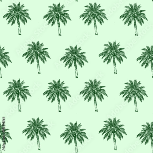 Seamless palm tree pattern with tropical green botanical style, repeating island foliage design ideal for summer backgrounds, fabric prints and decorative surfaces.