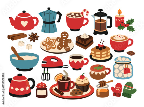 Christmas kitchen collection featuring hot chocolate, coffee, tea, pastries, cookies, and baking tools