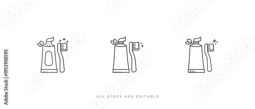 Zero waste oral care line icon of herbal toothpaste and toothbrush icon Vector illustration