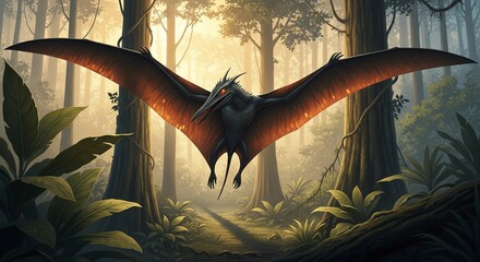 Majestic Pterodactyl Flying Through Ancient Forest, Dramatic Sunlight Rays, Prehistoric Era Wildlife Photography, Fantasy Adventure Concept