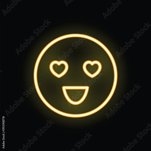 Neon yellow smiley face is expressing love with heart eyes and an open mouth smile on a black background