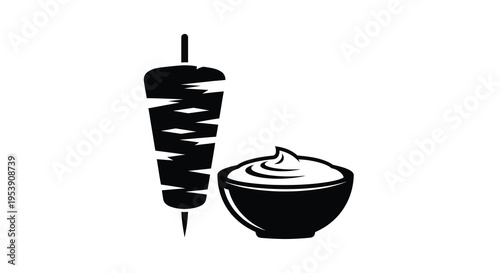 A stylized black and white illustration depicts a doner kebab with accompanying sauce high quality