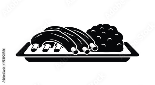 A black and white illustration depicts a platter with barbecue ribs and a side of berries