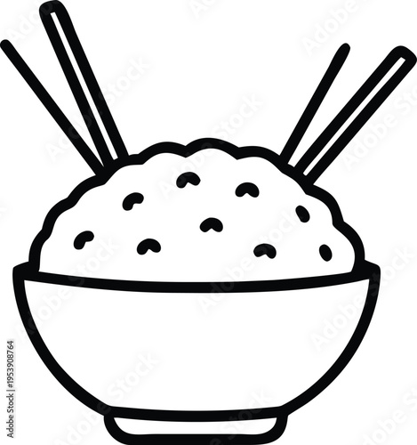 Simple line drawing of a bowl of rice with chopsticks