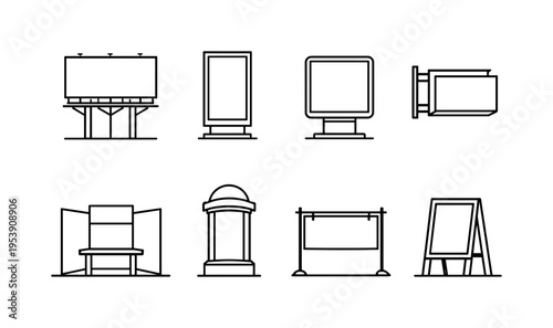 Advertising display structures: large highway billboard frame, vertical city poster panel, illuminated lightbox sign, storefront projecting sign, exhibition display stand