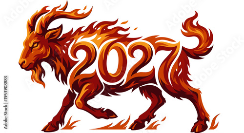 Fiery Chinese New Year 2027 Fire Goat Zodiac animal flame mascot calendar logo
