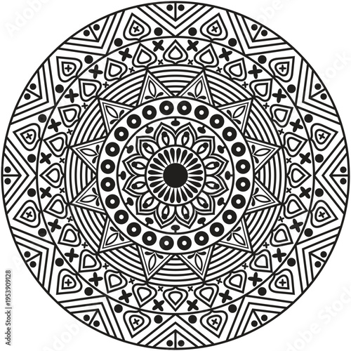 A beautifully detailed decorative mandala design created with intricate floral and geometric elements arranged in a perfectly balanced circular composition.