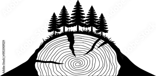 Black and white of cracked tree stump with pine trees and grass wood forest