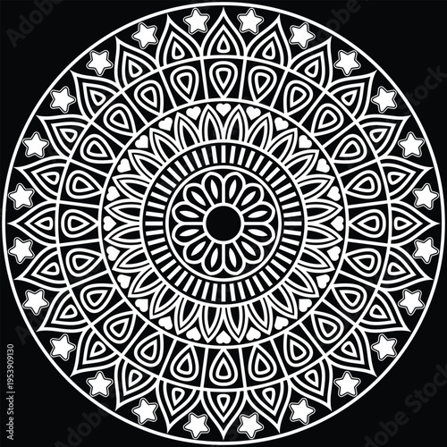 A beautifully detailed decorative mandala design created with intricate floral and geometric elements arranged in a perfectly balanced circular composition.