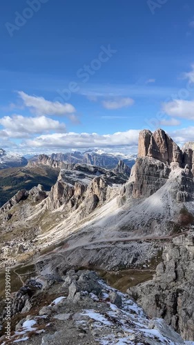 Cinque Torri Rock Towers Under Blue Sky – Dolomites Italy 4K Vertical
