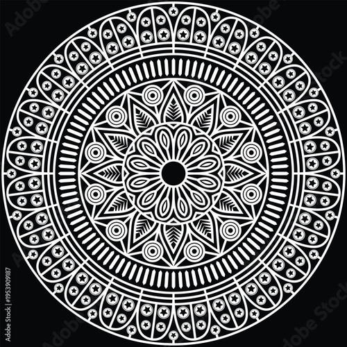 A beautifully detailed decorative mandala design created with intricate floral and geometric elements arranged in a perfectly balanced circular composition.