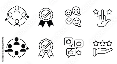 Fotografie Customer feedback and rating icons, including stars, reviews, and comment bubble