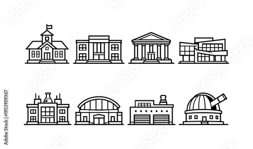 Campus learning buildings: schoolhouse with flag, modern university building, campus library building, student center building, campus research building, school sports hall