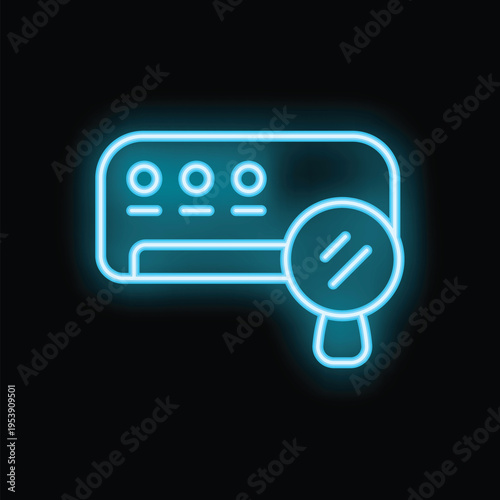 Blue neon icon of a magnifying glass examining a credit card, emphasizing online security