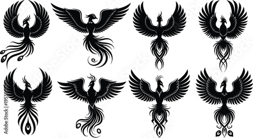 Mythical phoenix bird silhouettes, firebird icons, rising wings, legendary creature symbols, fantasy mascot, burning fire spirit, black vector illustration isolated