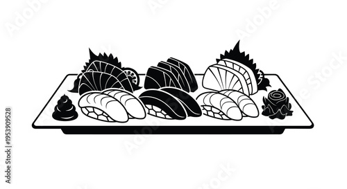 A black and white illustration depicts a selection of traditional japanese sushi and sashimi dishes