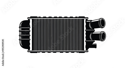 A black and white illustration depicts a top down view of an automotive intercooler component