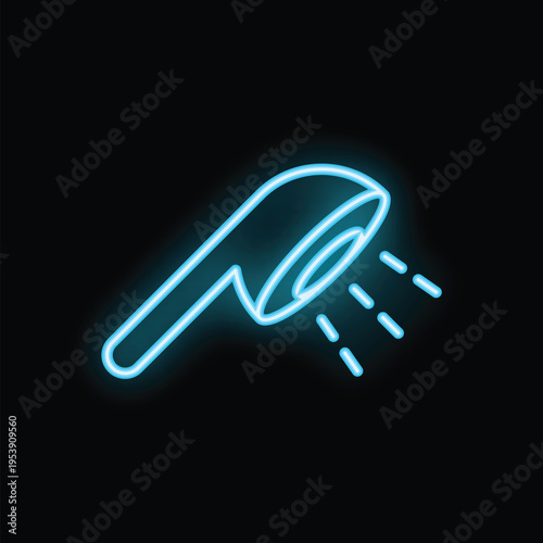 Blue neon sign of a shower head shining on a black background
