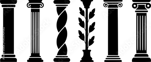 Collection of Black Architectural Columns and Decorative Pillar with Leaves White Background