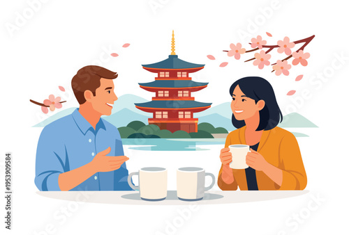 A cultural appreciation scene where two colleagues or friends share impressions and creative ideas inspired by traditional architecture and seasonal landscapes during an