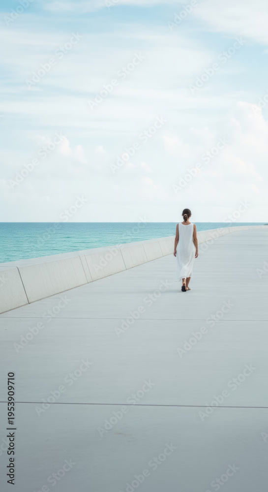 Fototapeta premium Journey of Serenity: Solitary Woman Walking Towards the Ocean Horizon