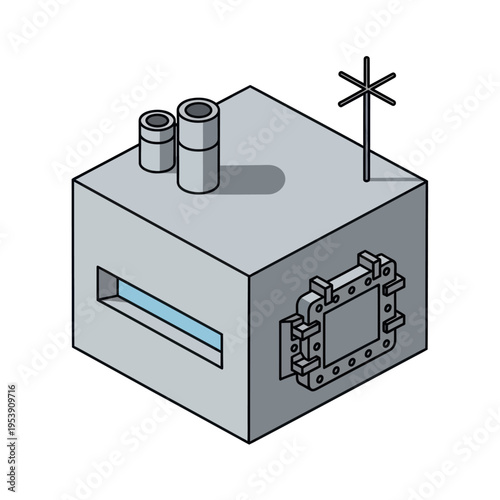 Isometric Concrete Bunker Illustration with Hatch, Window, and Antenna.