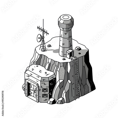 Isometric Illustration of a Mountain Base with Tower and Antenna.