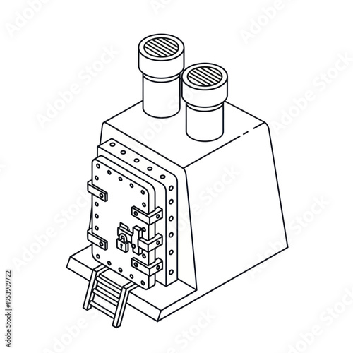 Isometric Bunker Entrance with Ladder and Chimneys Line Art.