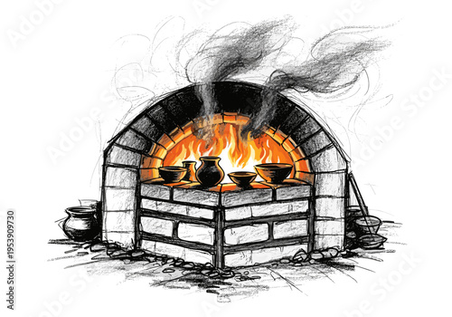 Sketch of a traditional pottery kiln with glowing embers and ceramic vessels inside
