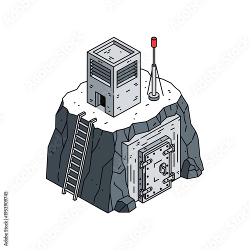Isometric Underground Bunker with Vault Door and Communication Tower.