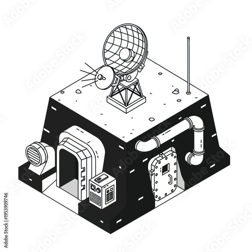 Isometric Illustration of a Bunker with Radar and Ventilation System.
