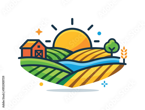 Rural farmland environment symbolizing natural cultivation and connection between land and food production, a simple rising sun above layered crop fields expressing growth
