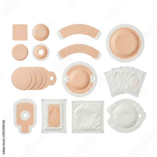 Meticulously arranged beige, skin-toned ostomy supplies, including adhesive wafers and collection pouches, pristine flat lay on white, conveying medical utility