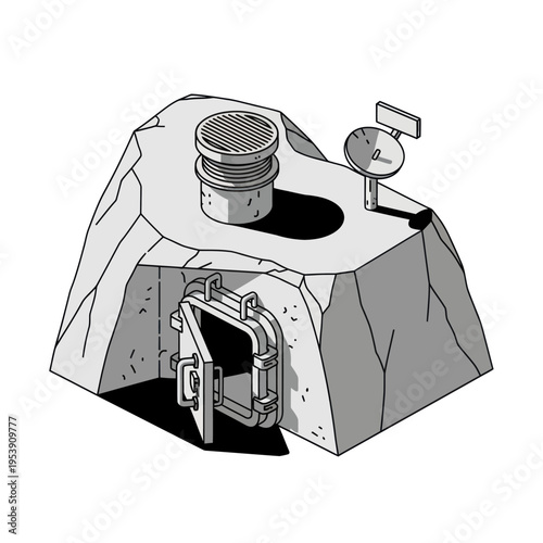 Isometric bunker illustration with open door and ventilation.