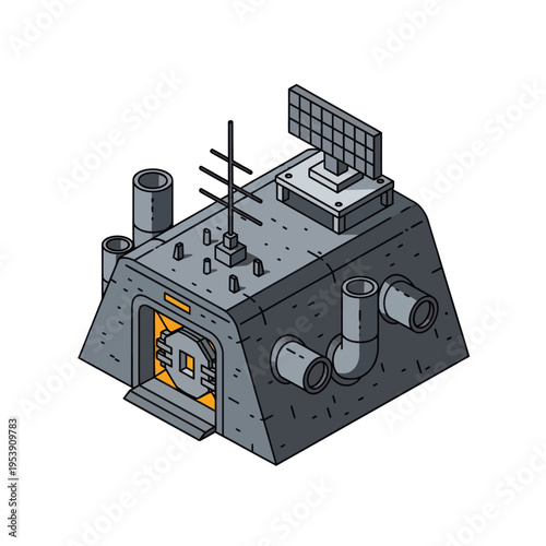 Isometric Underground Bunker with Antenna and Solar Panel Illustration.