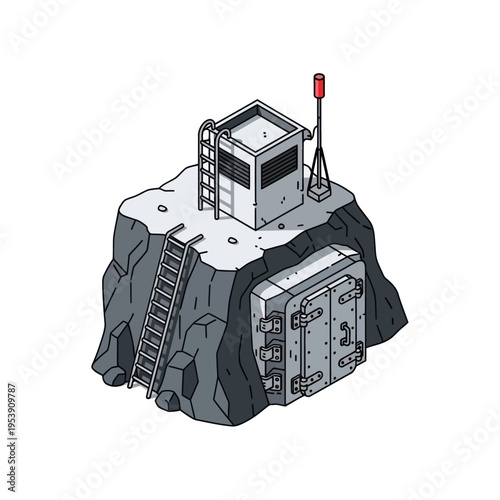 Isometric bunker illustration featuring a fortified structure on a rocky outcrop.