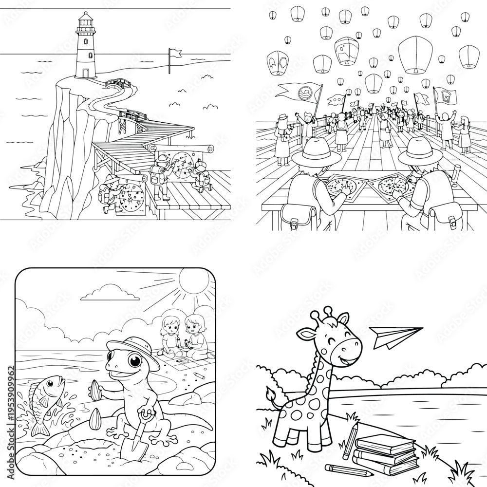 Obraz premium Coastal lighthouse and abstract bubbles, cute giraffe and dog line art coloring pages