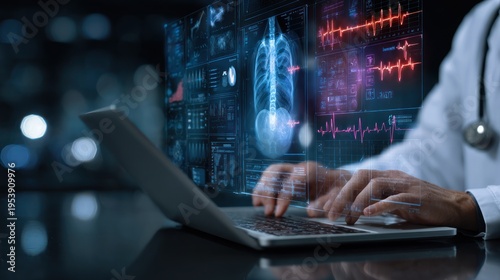 Medical Professional Analyzing Brain Scan Data on Laptop in Modern Healthcare Environment