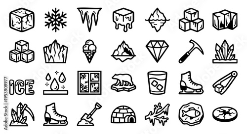 Arctic Essence: Minimalist Ice & Winter Vector Collection, Frost & Frozen: Bold Line Winter Activity Icons, The Glacial Set: Thick Line Vector Icons for Cold Weather & Ice Sports