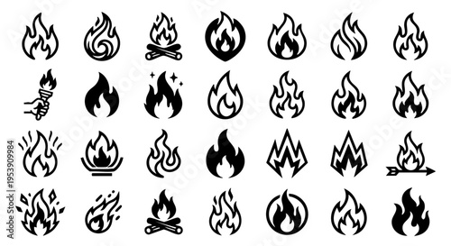Premium Minimalist Flame Vector Icon Set: Unique Black and White Designs, Abstract Fire and Heat Silhouette Elements: Geometric Vector Graphic Pack, Versatile Bold Line Fire Symbols: High-Contra