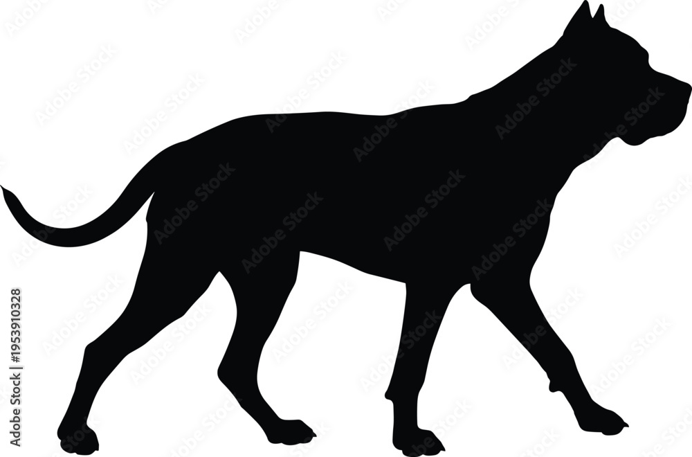 Fototapeta premium Black silhouette of a strong dog walking, representing breeds like pitbull, cane corso, or mastiff for pet care and security