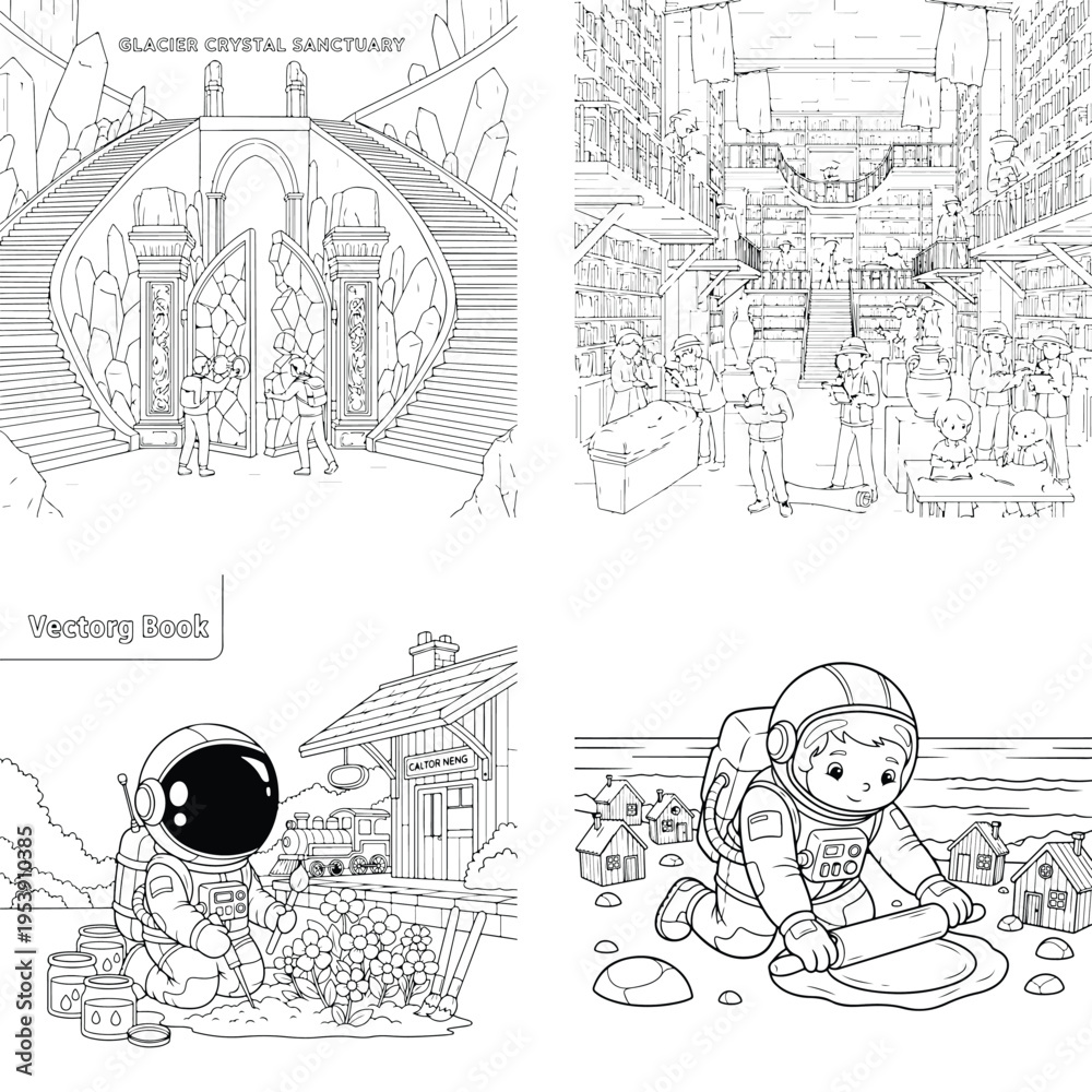 Obraz premium Space exploration and beach scenes, astronaut and child line art coloring pages, coloring page